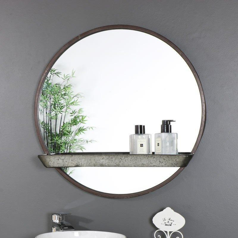 Rustic Industrial Round Mirror With Shelf 60cm X 60cm - image 1