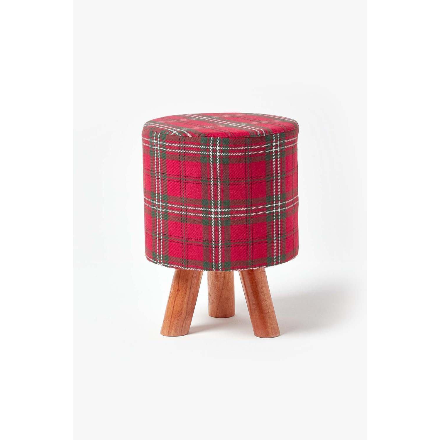 Tartan Fabric Footstool with Wooden Legs - image 1