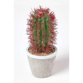 Denmoza Artificial Cactus with Flowers in Patterned Pot, 25 cm Tall
