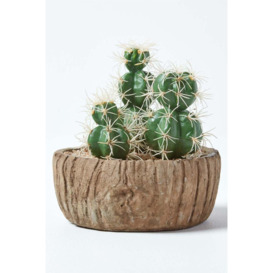 Echinocactus Artificial Cactus in Round Wooden Planter, 15 cm Tall - thumbnail 1