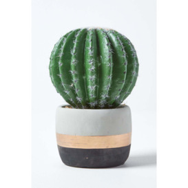 Golden Barrel Artificial Cactus in Contemporary Stone Pot, 19 cm Tall
