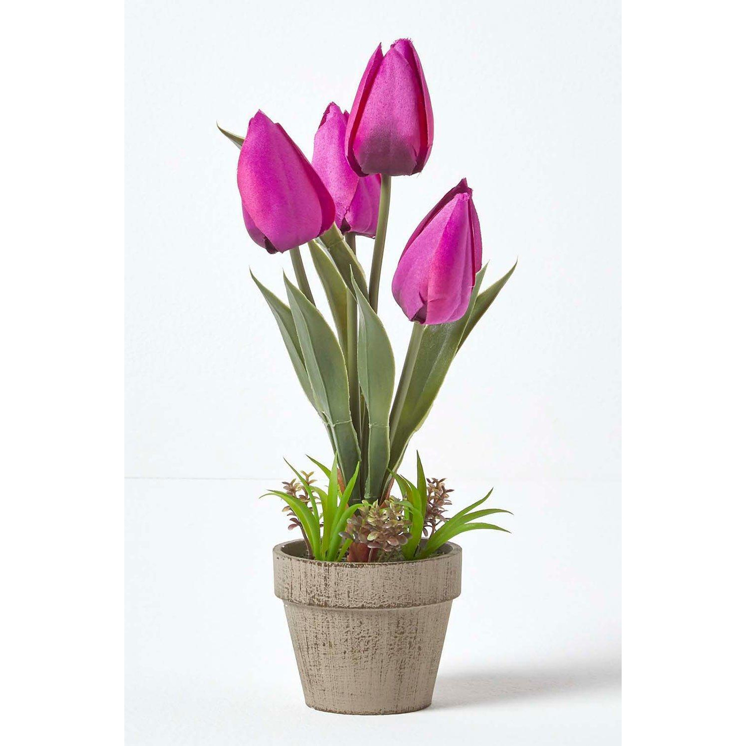 Artificial Tulips in Grey Decorative Stone Pot, 27 cm - image 1