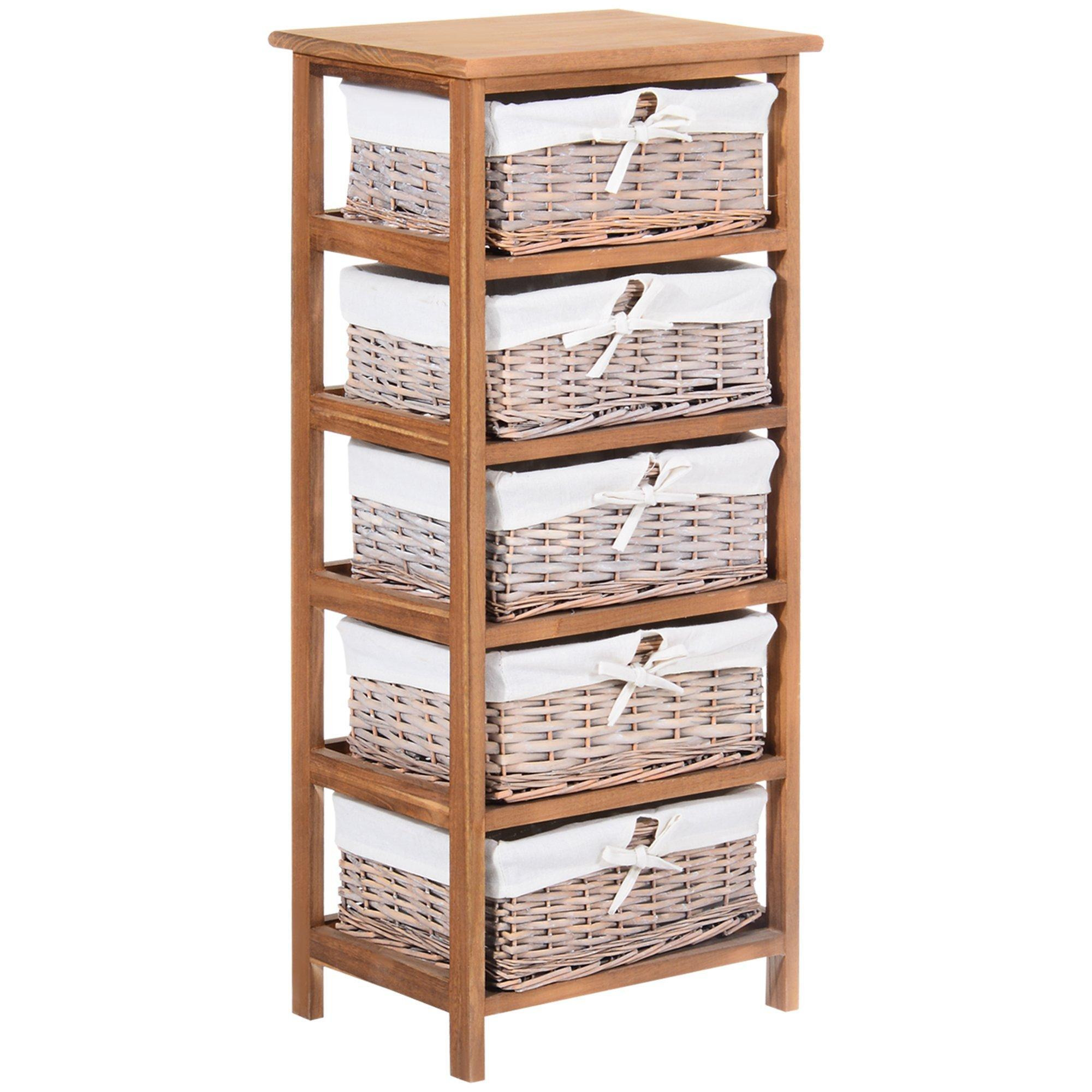 5 Drawer Dresser Wicker Storage Shelf Unit Wooden Home Organization - image 1