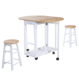 3pc Wooden Kitchen Cart Mobile Rolling Trolley Folding Stools Wheels - thumbnail 2