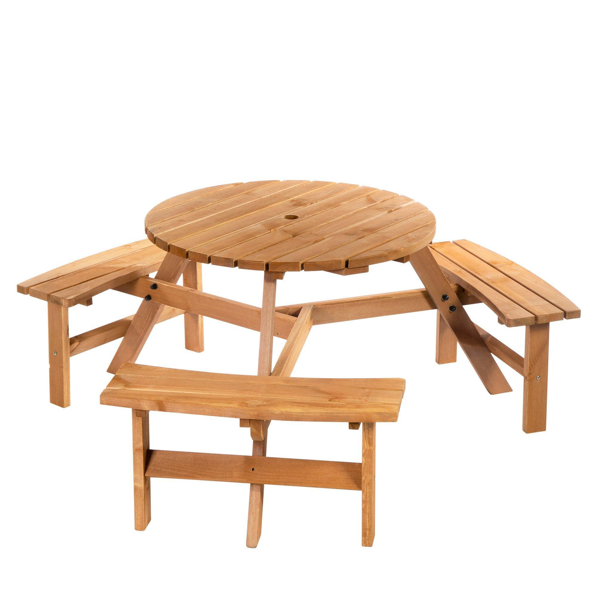 6 Person Fir Wood Parasol Table Bench Set Outdoor Garden Patio Dining - image 1