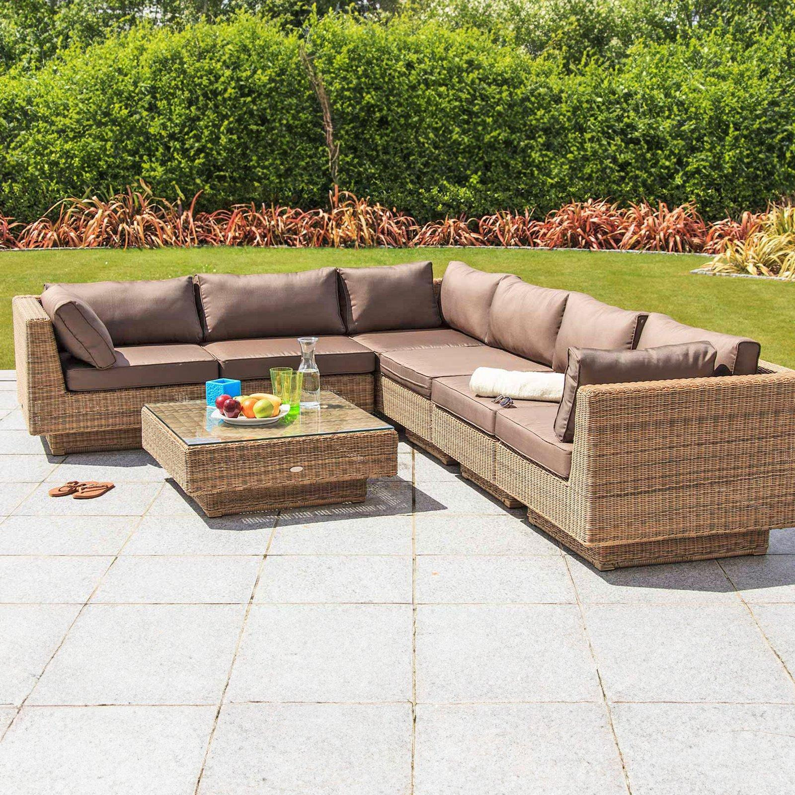 Chicago Rattan 6 Seater Deluxe Modular Lounge Set in 4 Seasons with Brown Cushions - image 1