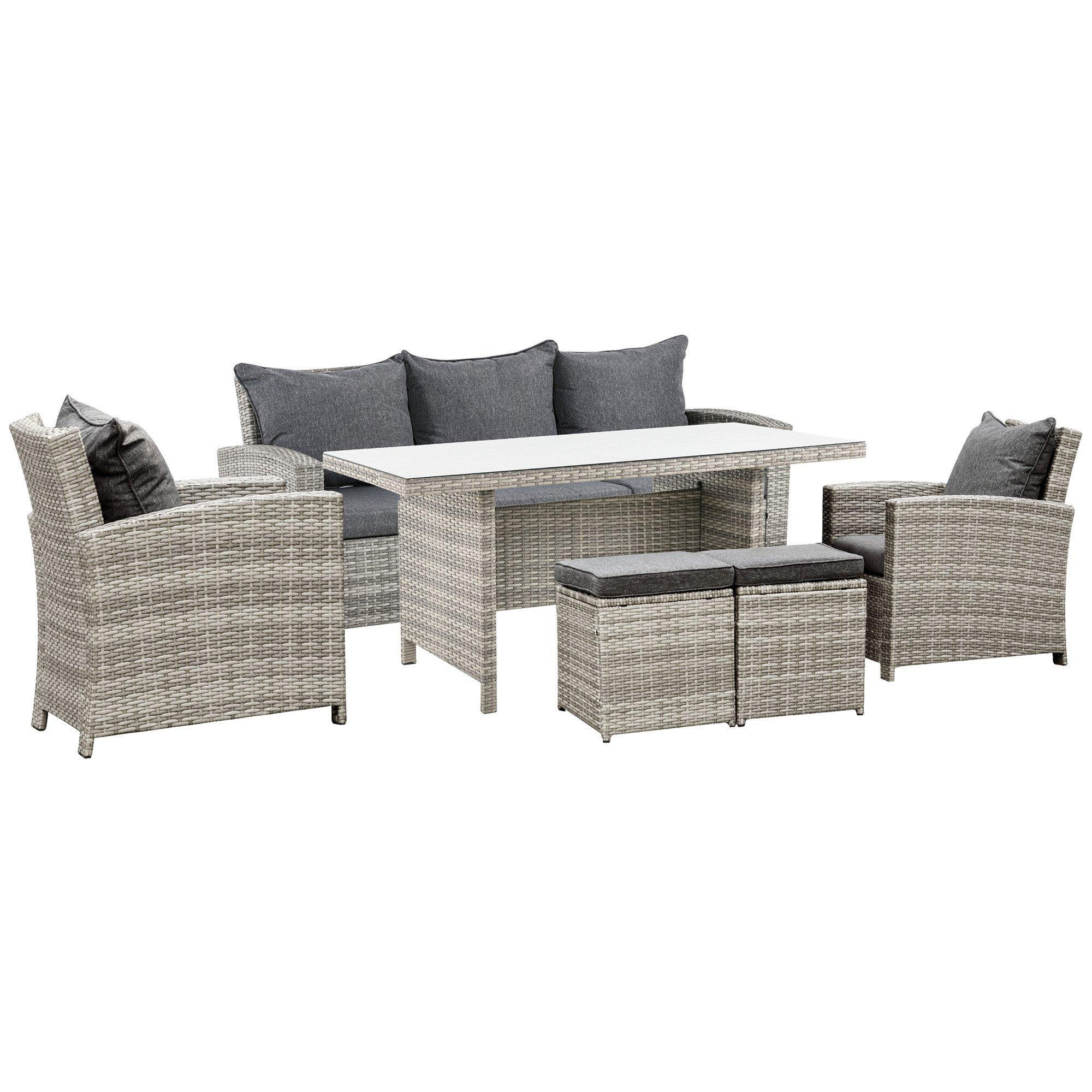 6Pcs Rattan Dining Set Sofa Table Footstool Outdoor w/ Cushion Garden Furniture - image 1