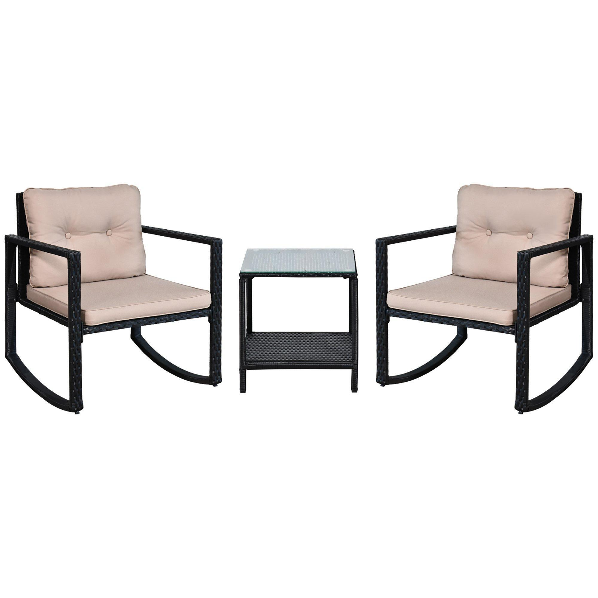 3Pcs Rattan Rocking Set Patio Bistro Table Chairs Conversation w/ Cushion - image 1