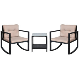 3Pcs Rattan Rocking Set Patio Bistro Table Chairs Conversation w/ Cushion - thumbnail 1