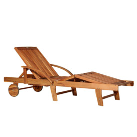 Wood Sun Bed Lounger Chaise  Back Footrest Patio Furniture w/ Wheels