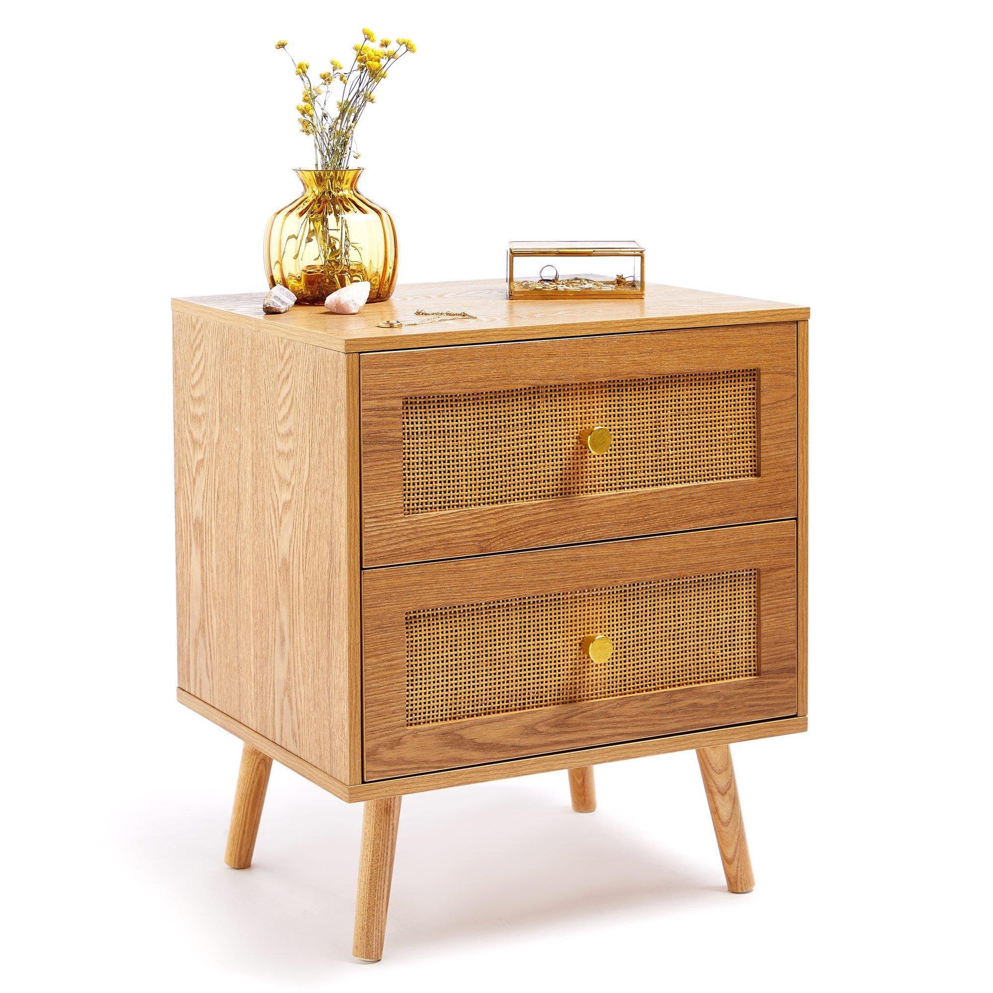 Rattan Fronted 2 Drawer with Gold Handles Bedside Table - image 1
