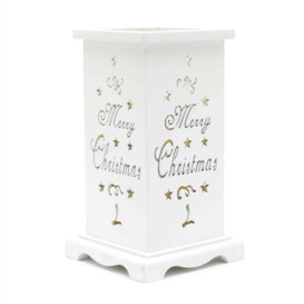 LED Candle Flameless Table Top Wooden Holder Engraved Merry Christmas White Battery Operated - thumbnail 1