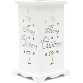 LED Candle Flameless Table Top Wooden Holder Engraved Merry Christmas White Battery Operated - thumbnail 2