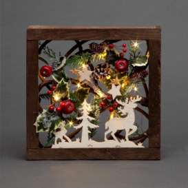 Prelit Wooden Square Frame Tabletop Decorations Xmas with Leaves Pine Cones Berries 3D Nordic Scene 40cm