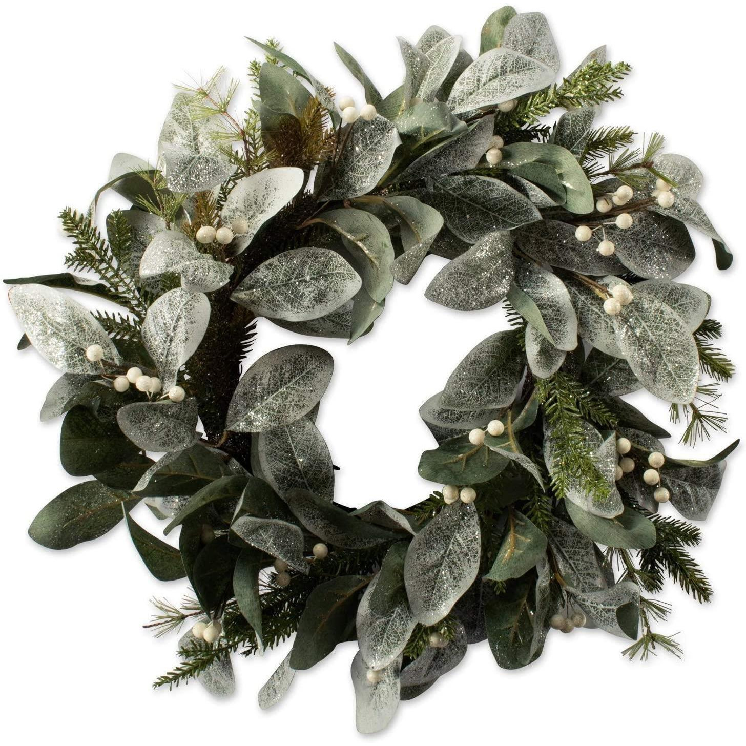55cm Natural Looking Artificial Snowy Leaves, White Berries and Glittered Flowers Wreath Front Door Hanging Christmas Wedd - image 1