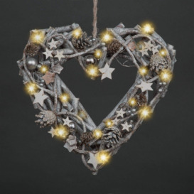 Pre-Lit Brown Wooden Wall Hanging Ornament Christmas Holiday Home décor with 20 Warm LEDs-Star, Wood, White Heart, 33 cm