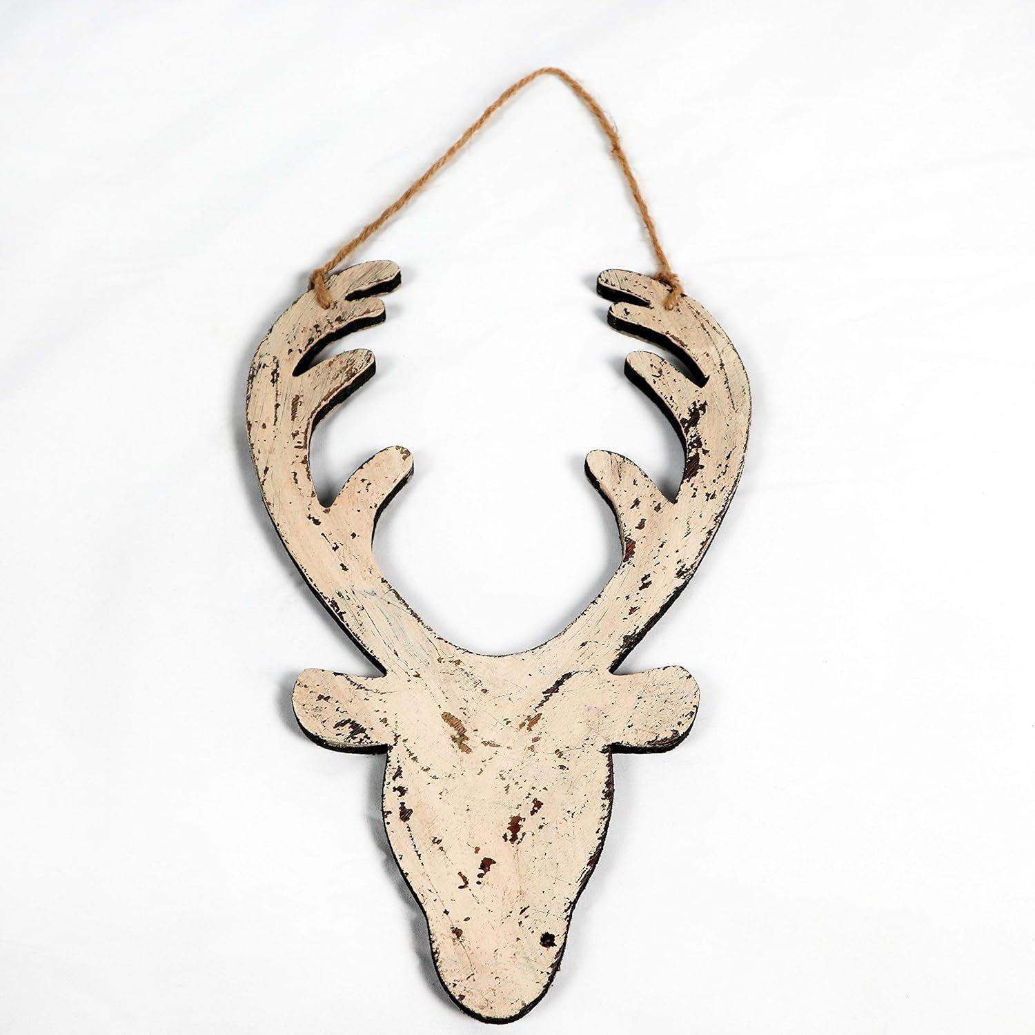 Cream Christmas Wooden Hanging Deer Head Wall Decoration Xmas Home Office Holiday Decorative Centrepiece 26cm - image 1