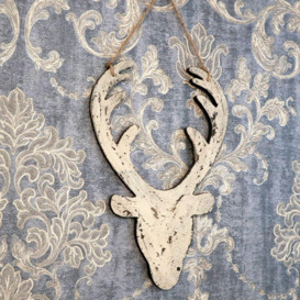 Cream Christmas Wooden Hanging Deer Head Wall Decoration Xmas Home Office Holiday Decorative Centrepiece 26cm - thumbnail 3