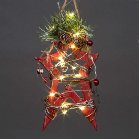 20cm Red Wooden LED Star Hanging Ornament Christmas Holiday Home décor with 15 Warm white LEDs