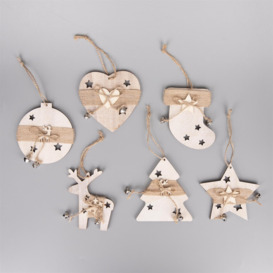 Christmas Tree Ornaments Wooden Aesthetic Hanging Decorations set of 6 pcs with Bells.