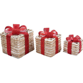Christmas Parcels Pre-Lit Battery Operated LED Glitter Rattan Xmas Presents Novelty Decorations Set of 3 - White Brown