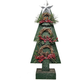 Christmas Decoration Gift Battery Operated Green Tree Tabletop Decorated with Berries, Pines and Small Warm White Bulbs
