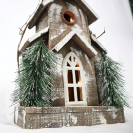 Christmas Decoation Battery Operated Wooden House Tabletop Decorated with Berries, Pines and Small Warm White Bulbs - thumbnail 2