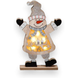 LED Wooden Christmas Snowman Xmas Home Indoor Table Decorations Ornaments Centrepiece, 27cm, Wood