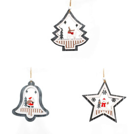 Christmas Tree Ornaments Wooden Aesthetic Hanging Decorations Assorted Grey Shapes 3Pcs