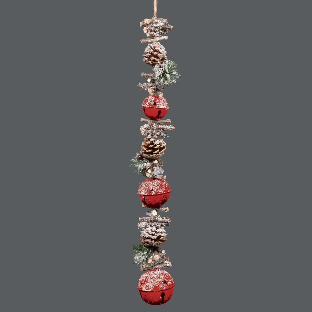 Hanging Decoration with Jingle Bells Wooden Sticks, Berries and Pinecones Christmas Home Wall Door 90cm Red - image 1