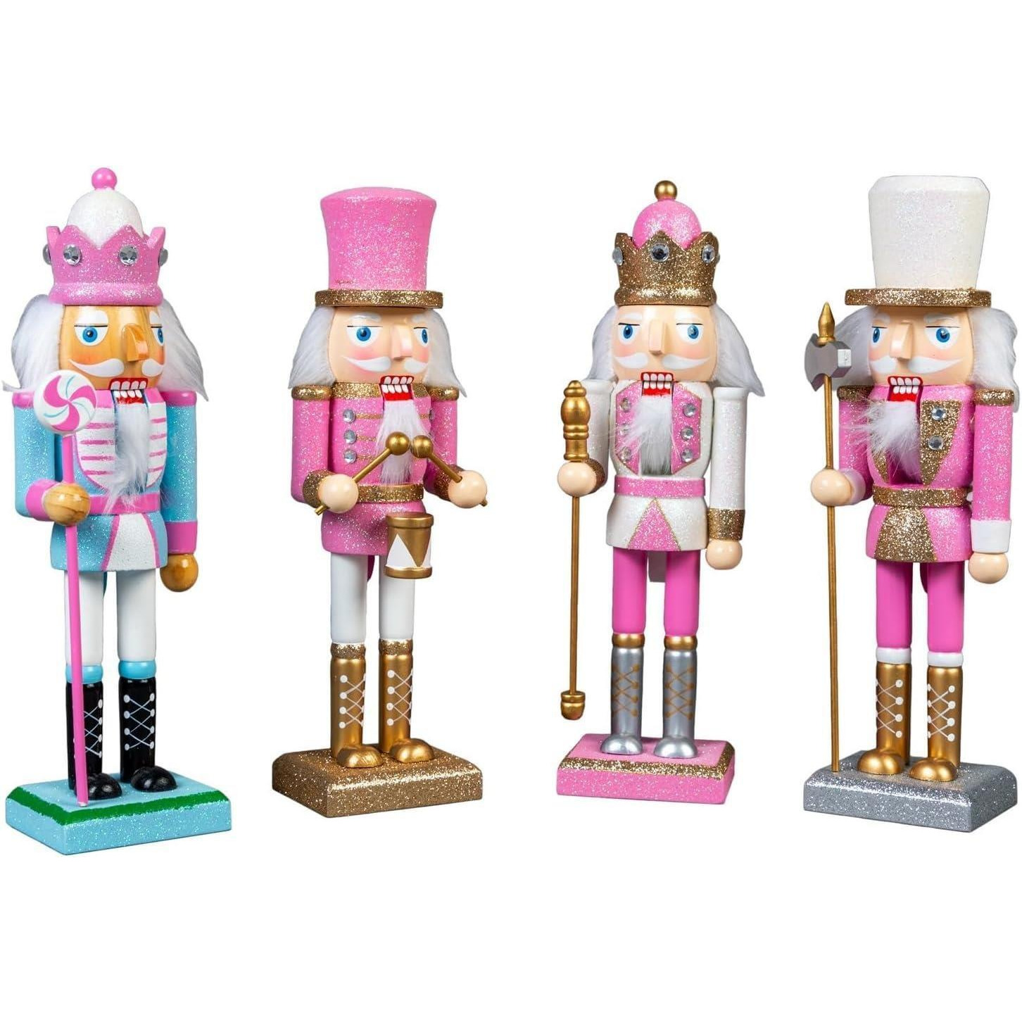 25cm Pink Wooden Nutcrackers Soldiers King Drummer Christmas Ornament 4pcs Set - image 1
