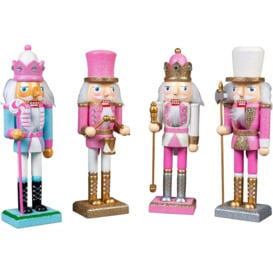 25cm Pink Wooden Nutcrackers Soldiers King Drummer Christmas Ornament 4pcs Set - thumbnail 1