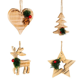 4Pcs Wooden Craft Assorted Shapes - Heart,Tree,Star,Reindeer- Christmas Tree Hanging Decorations - thumbnail 1