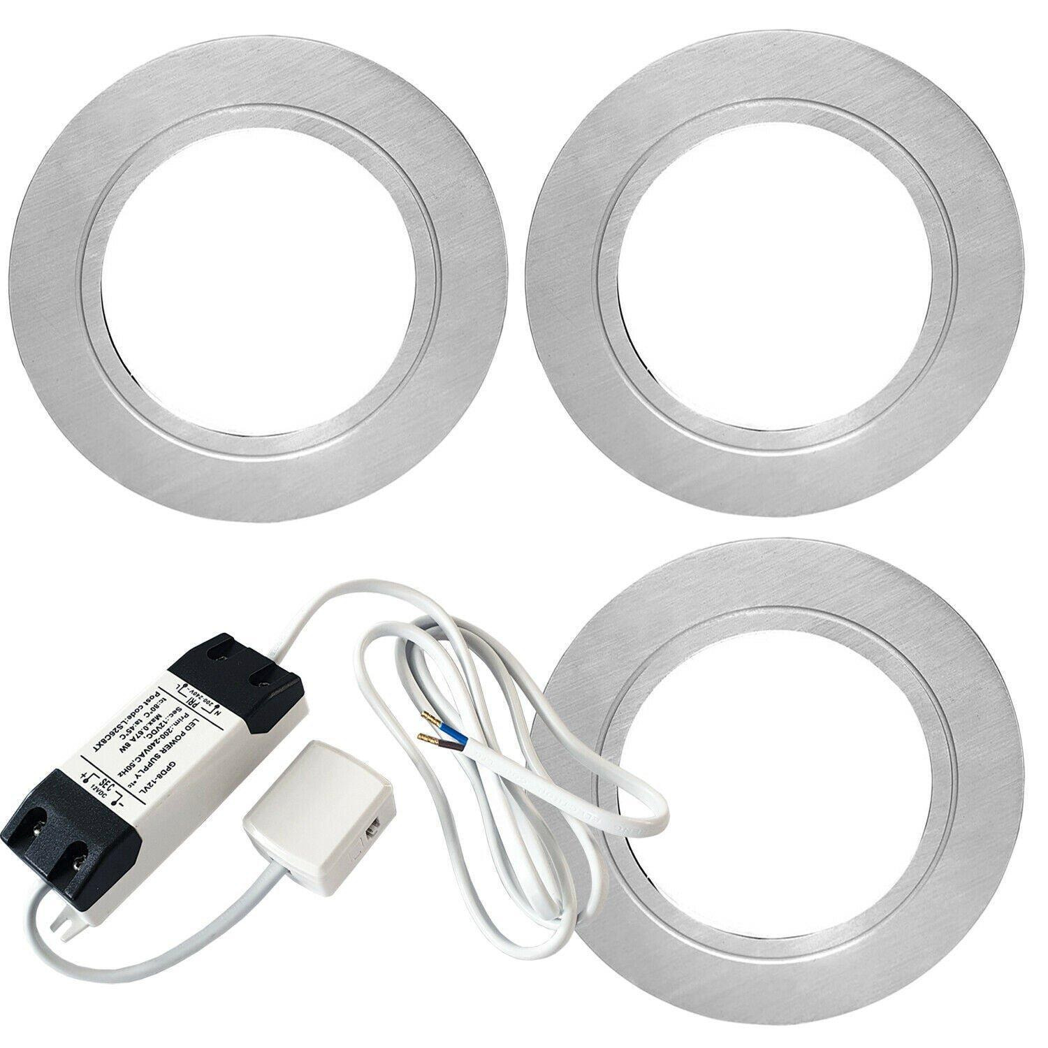 3x CHROME Round Flush Under Cabinet Kitchen Light & Driver Kit - Natural White LED - image 1