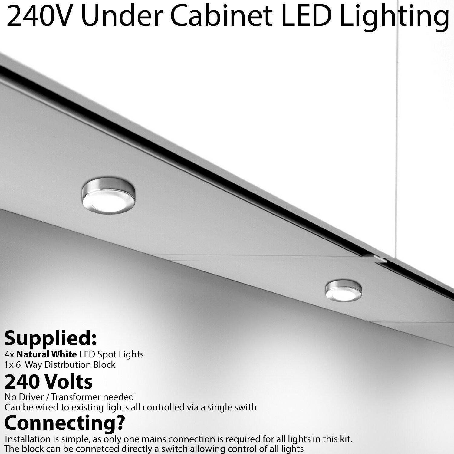 4x BRUSHED NICKEL Round Surface or Flush Under Cabinet Kitchen Light Kit - 240V Mains Powered - Natural White LED - image 1