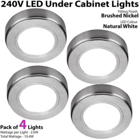 4x BRUSHED NICKEL Round Surface or Flush Under Cabinet Kitchen Light Kit - 240V Mains Powered - Natural White LED - thumbnail 2