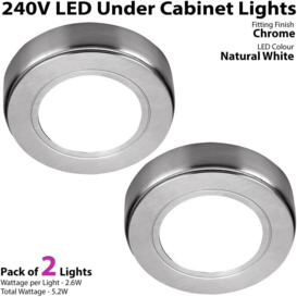 2x CHROME Round Surface or Flush Under Cabinet Kitchen Light Kit - 240V Mains Powered - Natural White LED - thumbnail 2