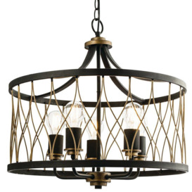 Multi Light Ceiling Pendant 5 Bulb MATT BLACK & BRONZE Vintage Chandelier Lamp - thumbnail 1