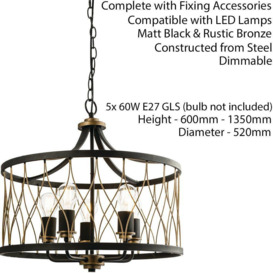 Multi Light Ceiling Pendant 5 Bulb MATT BLACK & BRONZE Vintage Chandelier Lamp - thumbnail 2