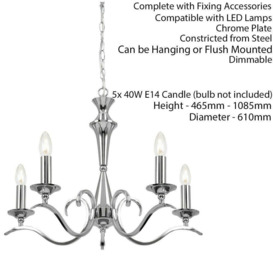 Hanging Flush Ceiling Pendant 5 Light CHROME Chandelier Classic Lamp Bulb Holder - thumbnail 2