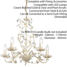 Hanging Flush Ceiling Pendant 5 Light CREAM GOLD Chandelier Lamp Bulb Holder - thumbnail 2