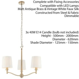Multi Light Ceiling Pendant 3 Bulb ANTIQUE BRASS & WHITE Chandelier Lamp Shade - thumbnail 2
