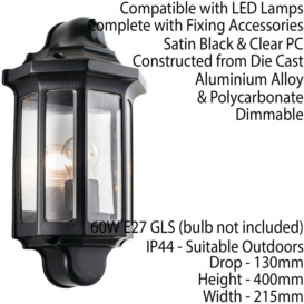 IP44 Outdoor Wall Light Satin Black Half Lantern Traditional Dimmable Porch Lamp - thumbnail 2