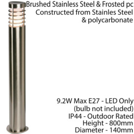 Outdoor Garden Bollard Light Brushed Steel 9.2W Outside Path LED Lamp Post IP44 - thumbnail 2