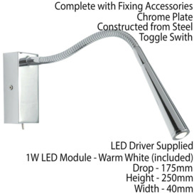 Adjustable LED Wall Light Warm White Chrome Flexible Bedside Reading Task Lamp - thumbnail 2