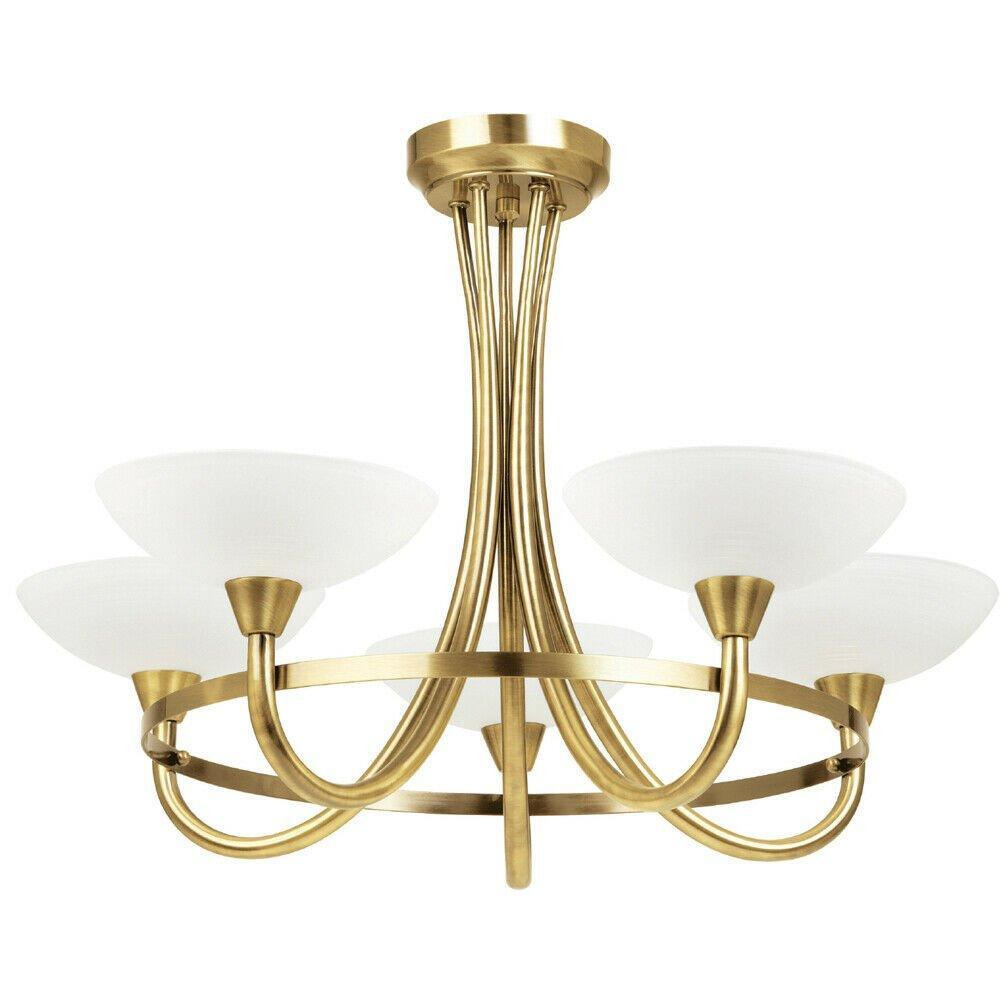 Semi Flush Ceiling Light Antique Brass & White 5 Bulb Hanging Pendant Lamp Shade - image 1
