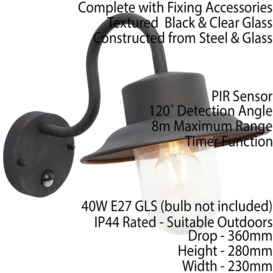 IP44 Outdoor Wall Lamp Black Steel Fisherman PIR Lantern Porch Modern Curved - thumbnail 2