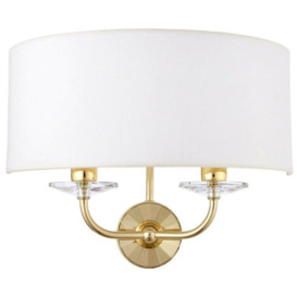 Dimmable Twin Wall Light Brass Glass White Fabric Shade Curved Arm Lamp Fitting