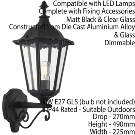 IP44 Outdoor Wall Light Matt Black & Glass Traditional Lantern Porch Dimmable - thumbnail 2