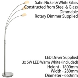 3 Light Floor Lamp Nickel & Glass Tall Standing Curved Multi Arm Living Room - thumbnail 2